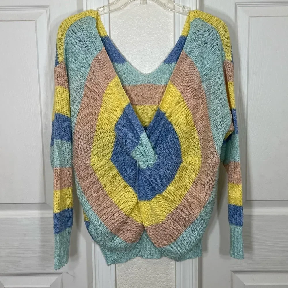 Gilli Sweater Pastel Rainbow Striped Twist Front Drop Shoulder Acrylic Size L